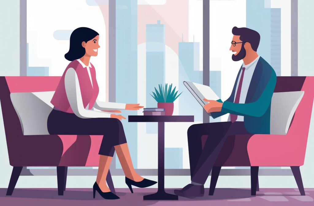An image representing a confident job candidate engaging in a professional interview, symbolizing the step-by-step journey to acing your next interview as outlined in our comprehensive guide.