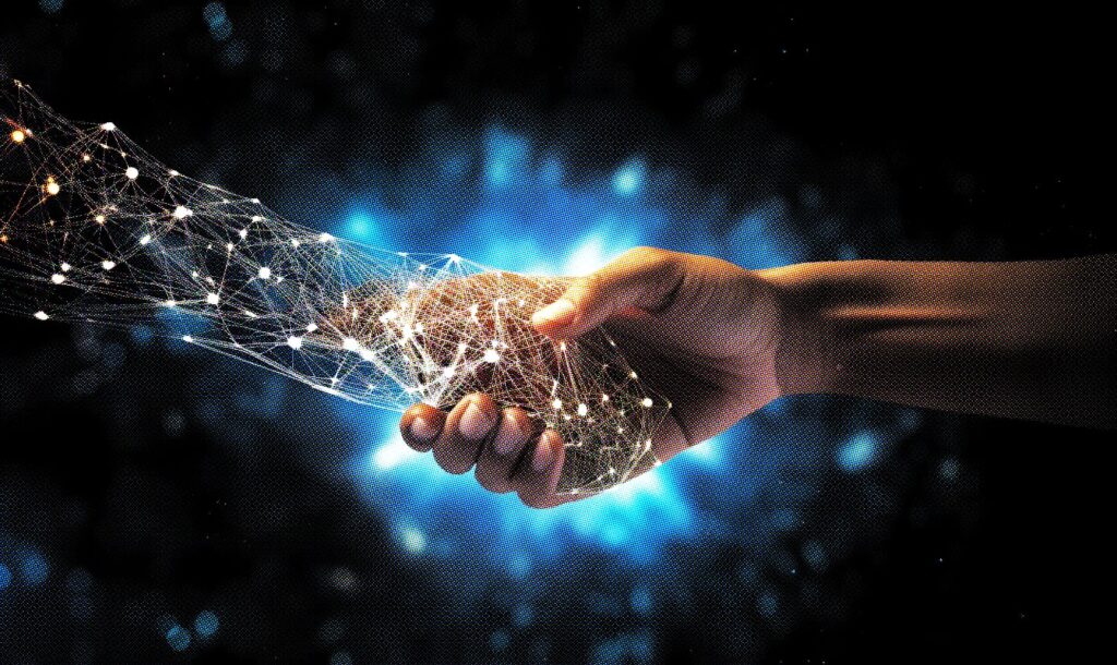 An illustration of a human hand reaching out to shake a digital hand, symbolizing collaboration and connection in the tech industry. Glowing lines and nodes extend from the handshake, representing the intricate network of relationships and opportunities within the field.