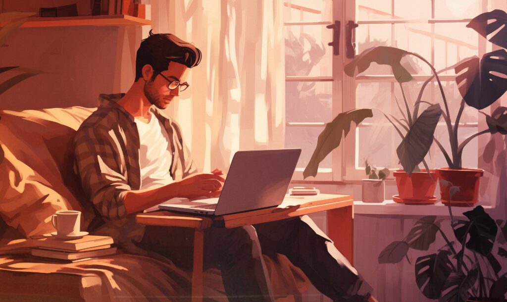 Person working intently on a laptop in a cozy, well-lit living room, surrounded by personal touches like a steaming coffee mug, a stretching cat, and a diverse bookshelf, symbolizing the comfort and flexibility of remote work.