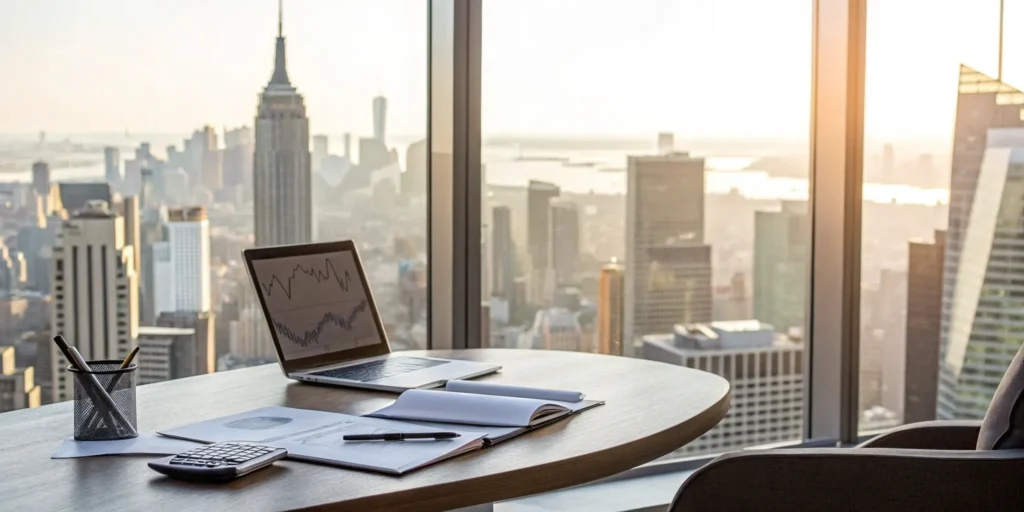 Senior accountant's desk with finance tools and city view.