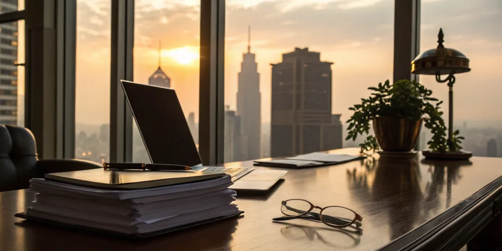 Legal recruiter's desk with city view.