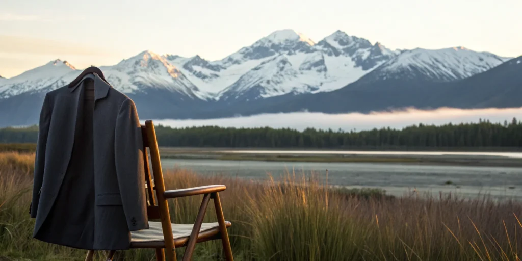 Legal recruiter in Alaska symbolized by suit jacket against mountain backdrop.