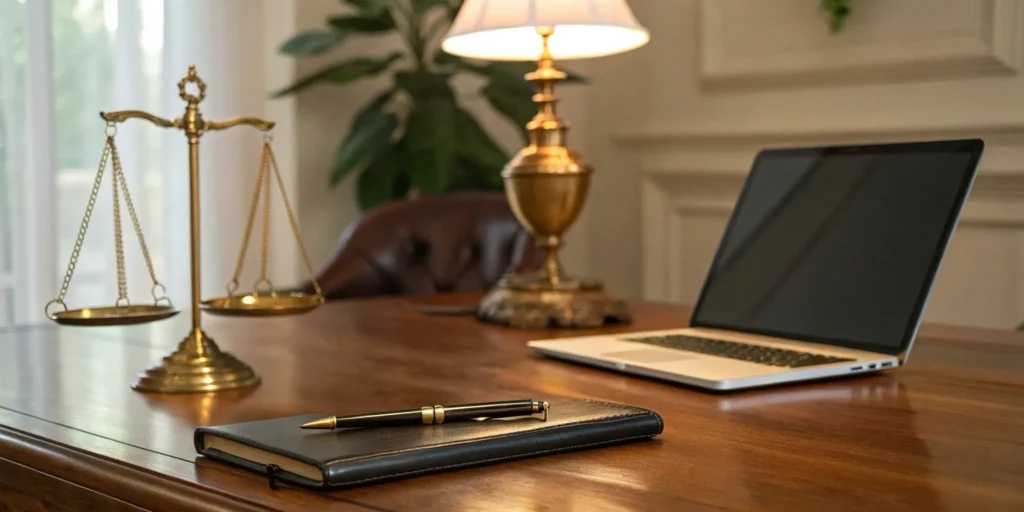 Legal recruiter's desk with scales, laptop, and notebook.