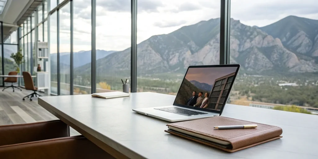 Colorado legal recruiter's workspace with laptop and notebook.