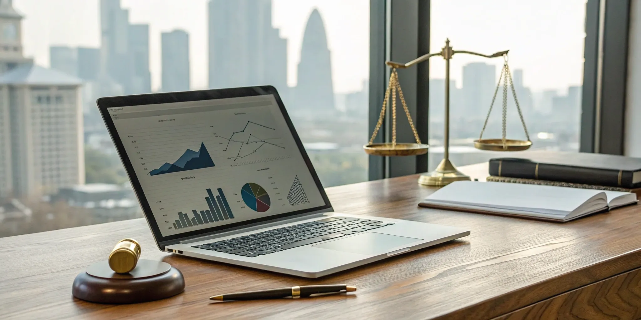Legal recruiter tools: laptop, gavel, scales of justice.