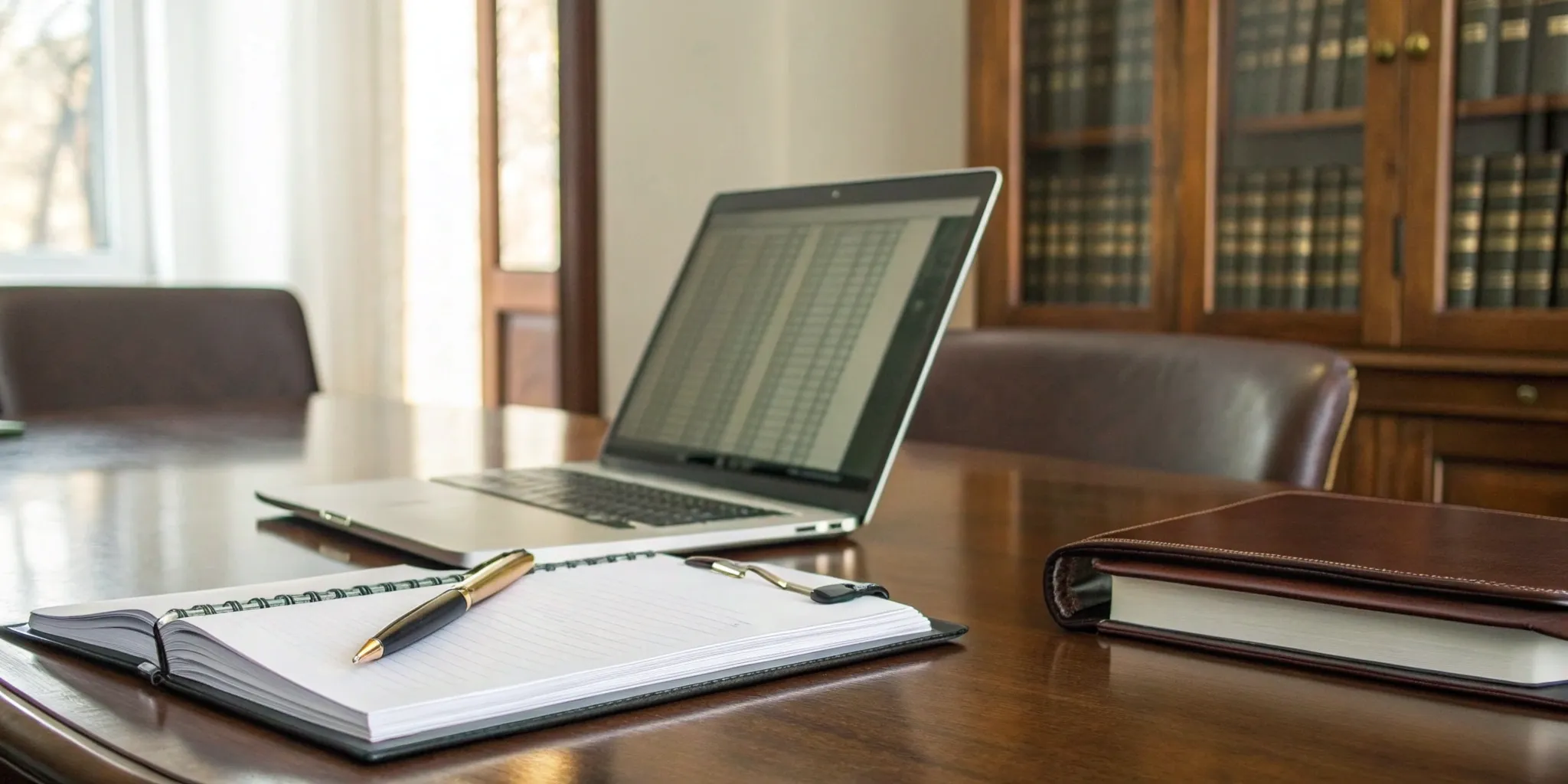 Legal recruiter's desk with laptop, notebook, and law books in Idaho.