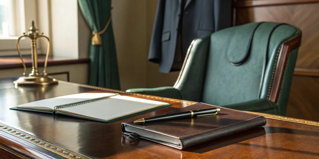 Legal recruiter's desk with notebook and pen in Iowa.