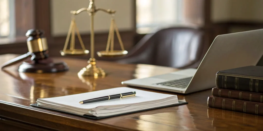 Corporate attorney's desk with legal tools for business law.