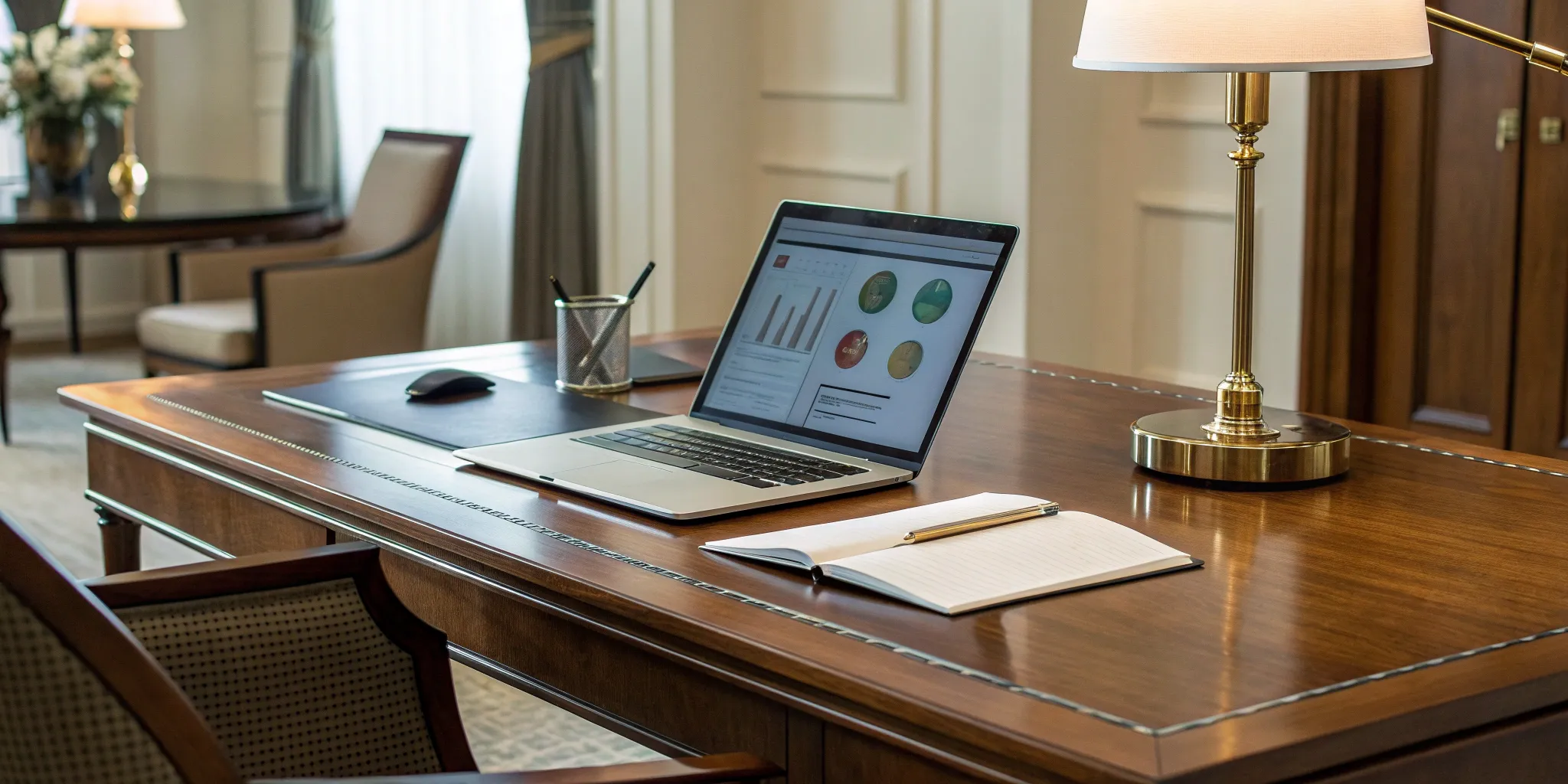 Laptop, notebook, and lamp on a desk. In-house counsel staffing.
