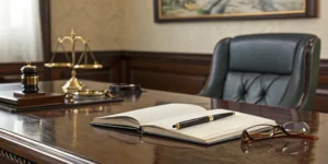 Gavel, scales of justice, eyeglasses, pen, and notebook on desk.