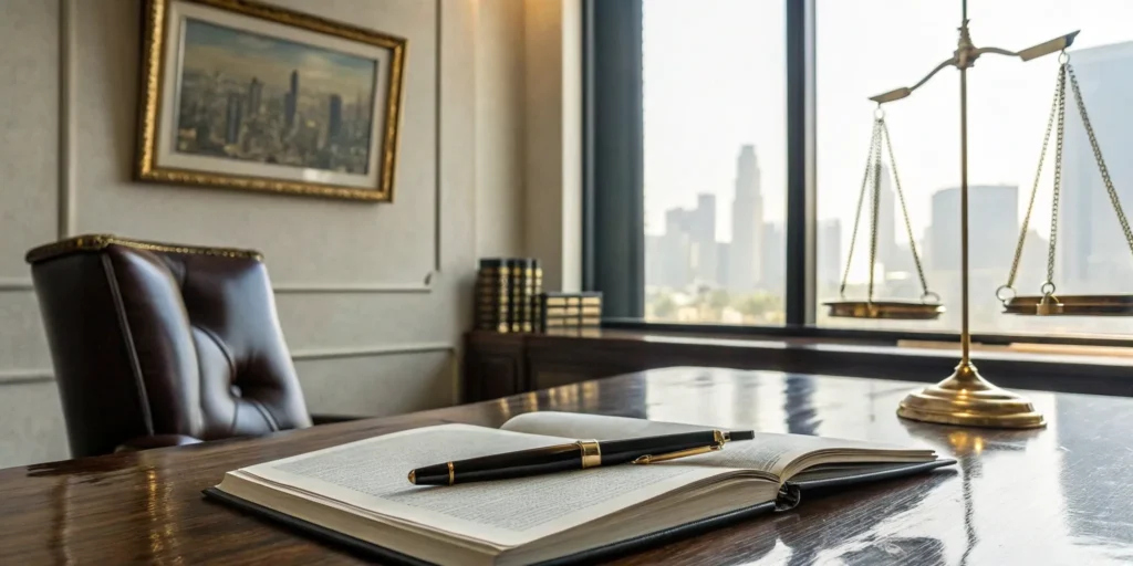Partner-level attorney's desk with legal tools for effective candidate search.