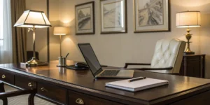 Partner-level attorney's office desk with laptop and notepad.