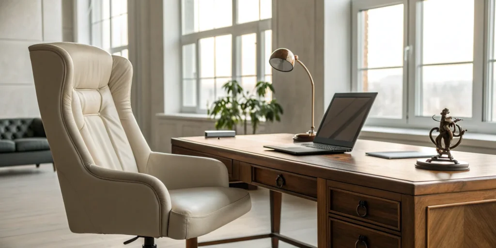 Laptop and leather chair in a legal recruiter's office.