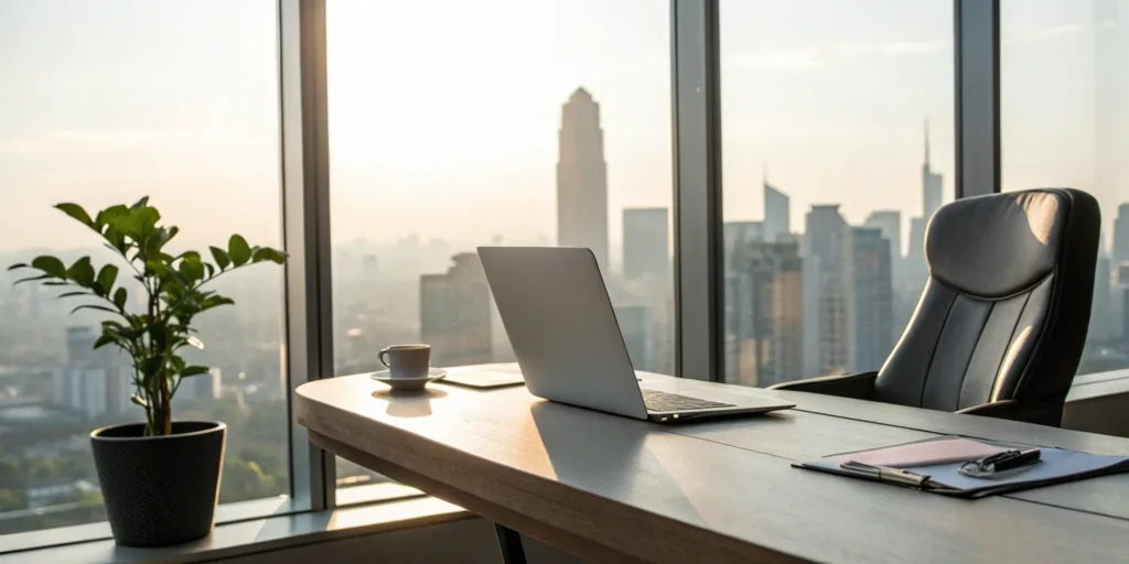 Laptop, coffee, and documents on desk with city view.