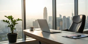 Laptop, coffee, and documents on desk with city view.