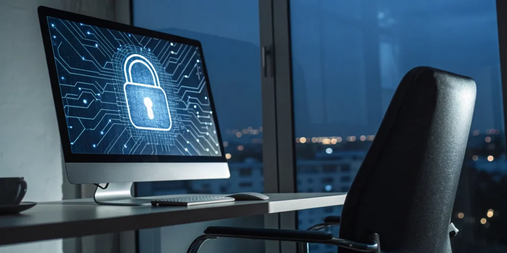A digital padlock on a computer screen for a cybersecurity recruitment agency.