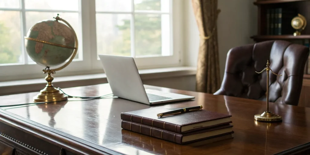 Attorney placement services: Law books and scales of justice on a desk.