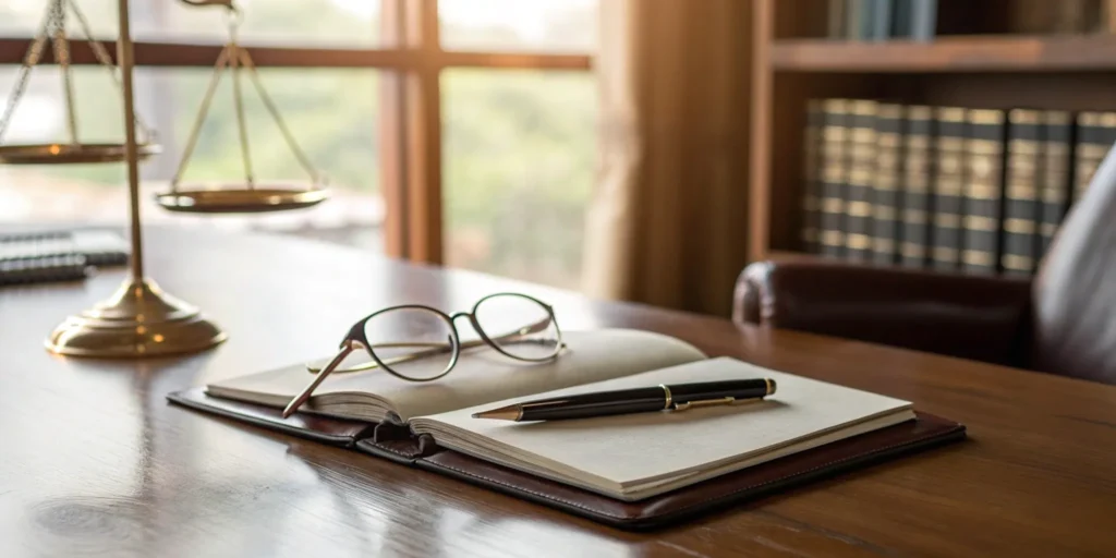 Attorney staffing agency desk with law books and scales of justice.