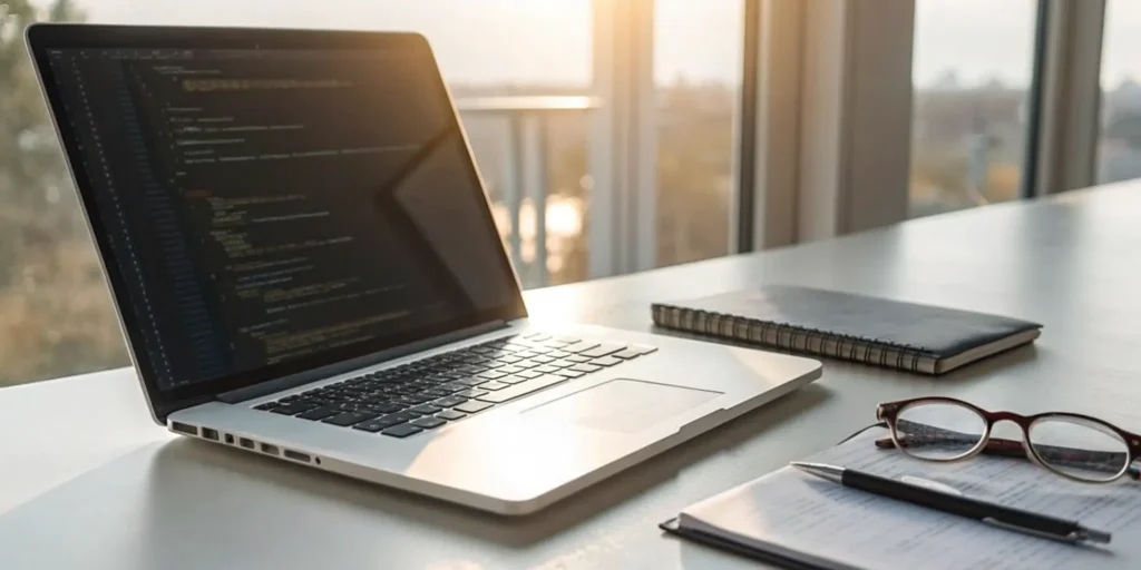 A programmer's desk with a laptop showing code, ready for a project after you hire a programmer.