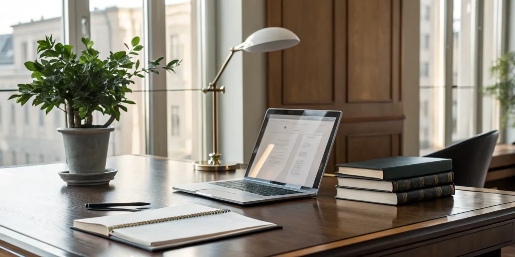 Laptop, law books, and notebook on desk.
