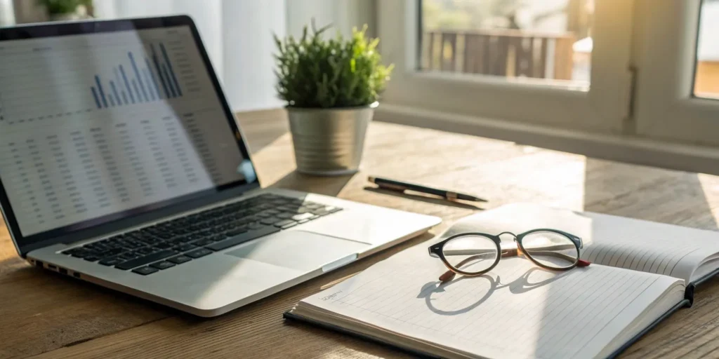 An accounting recruiter reviewing financial charts on a laptop at their desk.