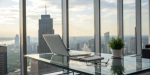 A modern office desk with a laptop, filled by a leading technology staffing agency.