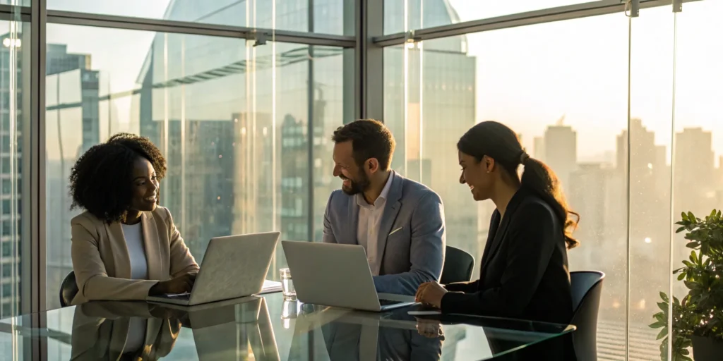 Three professionals in an office discussing how to hire a software development team.