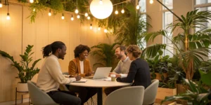 A diverse team discusses how to hire for culture add over traditional culture fit.