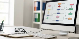 A flowchart on a computer screen outlining the strategy for sourcing tech talent.