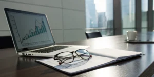 Financial services recruiters analyzing market data on a laptop.