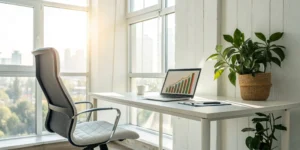 An office desk with a laptop chart showing strategies to improve team productivity.