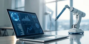 Robotic arm using a laptop with AI recruitment software for a startup.