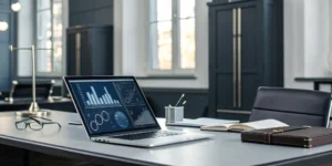 AI recruiting software on a laptop analyzing candidates for legal roles.