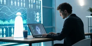 Recruiter using AI/ML recruitment software on a laptop to source top AI and ML talent faster.