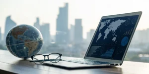 Laptop on a desk using an AI dashboard to find remote IT professionals worldwide.