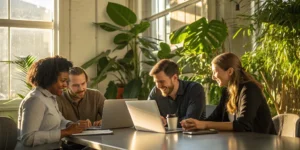 A diverse engineering team collaborates in an inclusive and modern office.