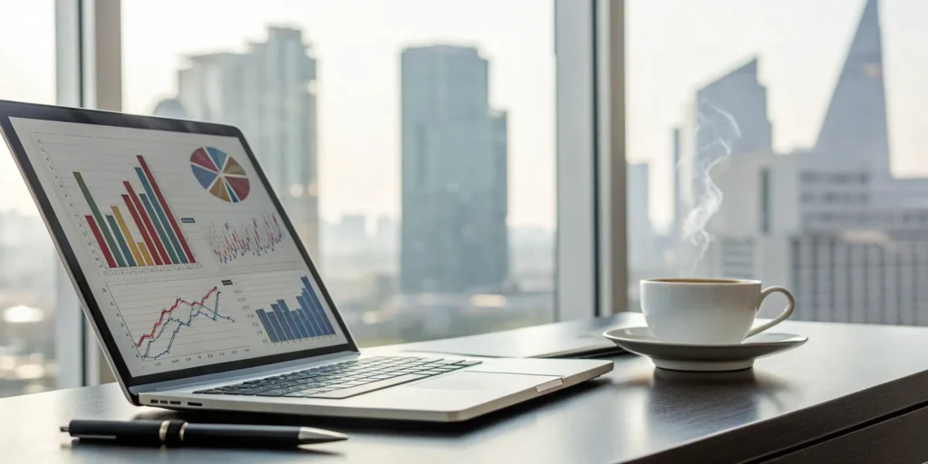 Laptop with charts on a desk showing the hiring analytics of an IT staffing agency.