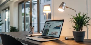 A US based tech recruiter's desk with a laptop displaying hiring analytics.