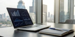 A technical recruiting agency's dashboard on a laptop used to analyze and source candidates.