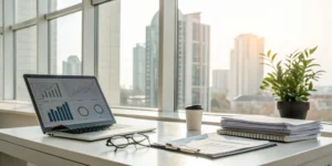 Desk of an accounting recruiter with a laptop showing financial data and candidate paperwork.
