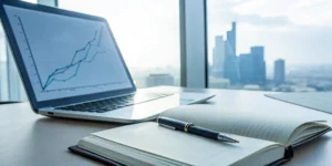 Laptop showing financial growth in an office, a focus for the best finance recruiters in the US.