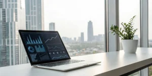 Laptop on a modern desk showing data analytics for tech recruitment.